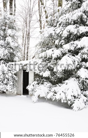 Outhouse for one-room school in a snow-covered landscape, Webster County, Wets Virginia, USA