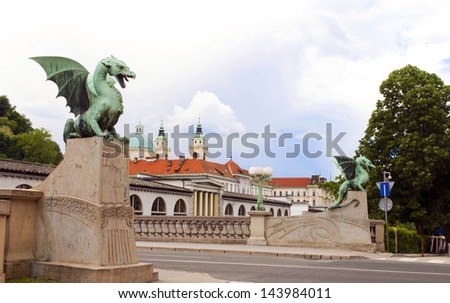Dragon Bridge view of Cathedral Saint Nicholas on Ljubljanica River Ljubljana Slovenia Europe