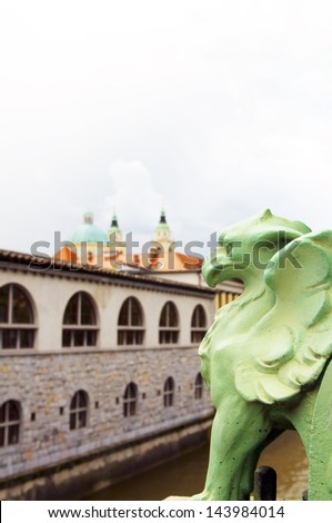 Dragon Bridge view of Cathedral Saint Nicholas on Ljubljanica River Ljubljana Slovenia Europe