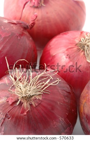 red onions with the hairs on the foreground onion in focus fading to the background