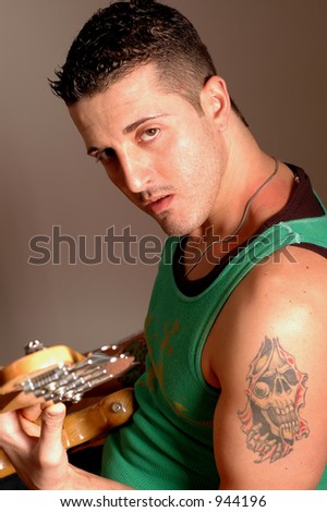 bass player with skull tattoo model 
