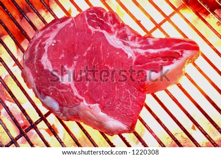 steak on a flaming barbecue charcoal hot grill