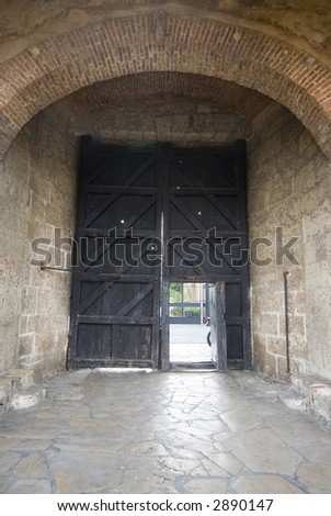 ancient wood entry door to fortaleza santo domingo dominican republic colonial zone