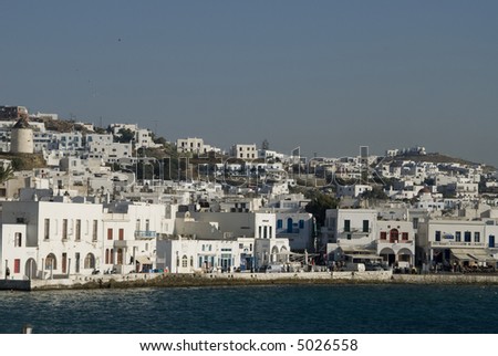 greek island Mykonos harbor Mediterranean Sea with typical cyclades architecture and windmills