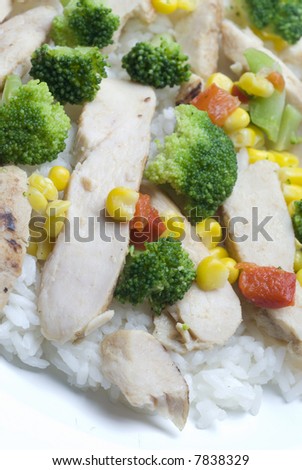 grilled chicken breast white meat fillet with vegetables and rice