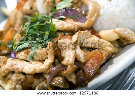 pollo chicken strips saltado authentic peruvian food dish with rice and herbs photographed in Lima, Peru, South America