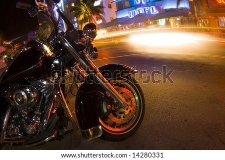 motorcycle on ocean drive night scene south beach miami florida