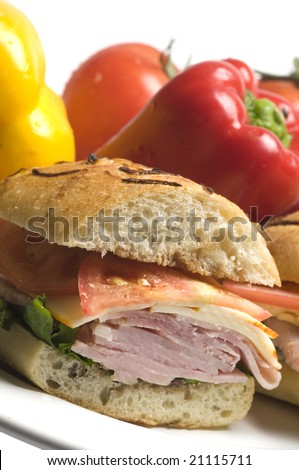 sweet ham sandwich muenster cheese rosemary bread honey spice glazed ham lettuce and tomato