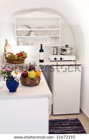 kitchen in maisonette apartment in the greek islands santorini town of oia cave house