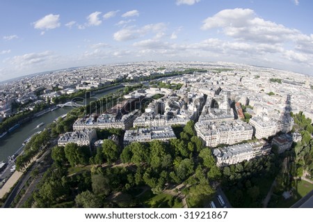 bird\'s eye view of the city of paris france and the river seine as photographed from the eiffel tower second level