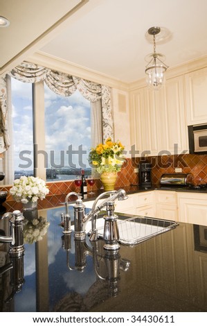 kitchen in luxury penthouse suite with skyline views of new york city and the east river