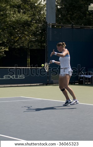 QUEENS, N.Y. -AUGUST 25:  Eva Hrdinova of Czech Republic hitting a forehand stroke at the US Open Tennis tournament qualifying rounds at the National Tennis Center in Queens, N.Y. on August 25, 2009.