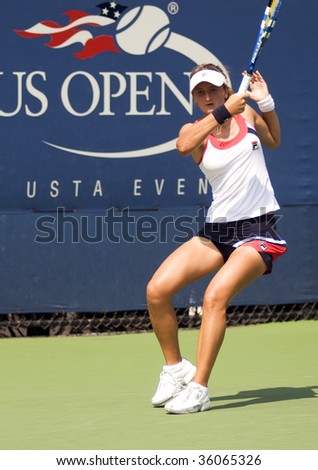 QUEENS, N.Y. -AUGUST 25:   Irina Begu of Roumania hitting a forehand stroke at the US Open Tennis tournament qualifying rounds at the National Tennis Center in Queens, N.Y. on August 25, 2009.