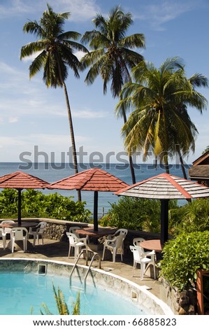 Caribbean Sea resort swimming pool with coconut palm trees Soufriere St. Lucia
