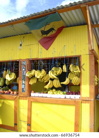 typical produce fruit stand market in Scarborough Tobago Trinidad with fresh produce fruits vegetables