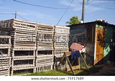 lobster pot traps side of outhouse toilet storage building Big Corn Island Nicaragua Central America
