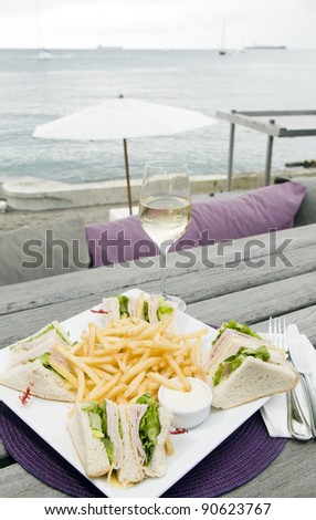 club sandwich lunch glass of wine by beach harbor Oranje bay St. Eustatius Oranjestad Dutch Caribbean Netherlands Antilles island