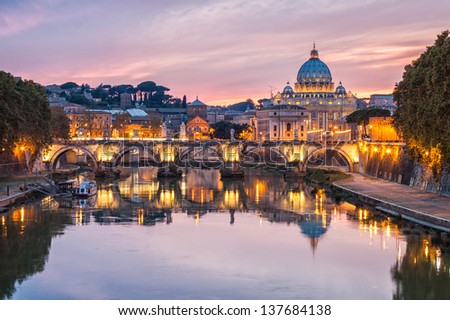 Night view of Rome and St. Peter\'s Basilica, Italy.