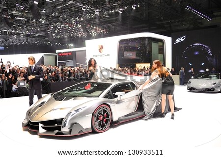 GENEVA, MAR 5: Press conference to present the Lamborghini VENENO, exclusive super car from Lamborghini, presented at the 83rd Geneva Motor Show, in Switzerland on March 5, 2013.