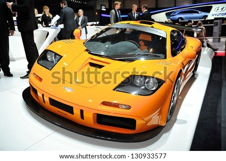 GENEVA MAR 5 McLaren F1 LM super car from McLaren at the 83rd Geneva Motor Show in Switzerland on March 5 2013 GENEVA MAR 5 McLaren F1 LM super car from McLaren at the 83rd Geneva Motor Show in Switzerland on March 5 2013