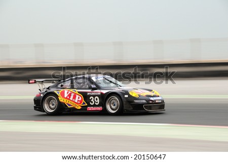 Dubai, UAE - JANUARY 12, 2008: Porsche RSR from VIP Pet foods Team, the TOYO TIRES 24H of Dubai 2008\'s winner, after 504 laps.