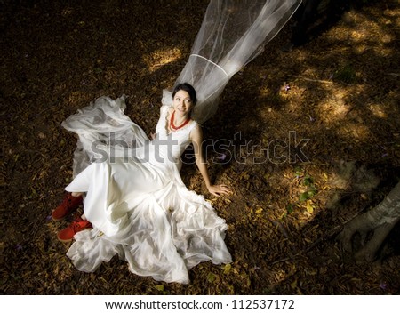 Bride with veil in the wind sitting in fairy tale landscape
