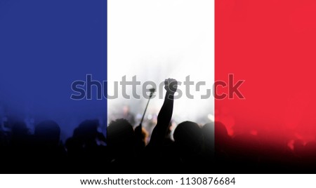 football supporters with raised hands against France flag - crowd in stadium celebrating victory