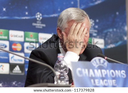 CLUJ-NAPOCA, ROMANIA - OCTOBER 1: Sir Alex Ferguson holds a press conference before champions league game between CFR Cluj and Manchester United on October 1, 2012 in Cluj-Napoca, Romania