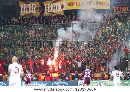 CLUJ-NAPOCA, ROMANIA - NOVEMBER 7: Galatasaray fans after scoring a goal, UEFA Champions League, CFR 1907 Cluj vs Galatasaray,  on 7 Nov., 2012 in Cluj-Napoca, Romania