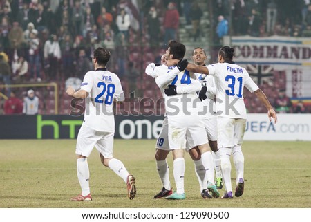 CLUJ-NAPOCA, ROMANIA - FEBRUARY 21: inter Milan players celebrationg after scoring a goal in UEFA Europa League match, CFR 1907 Cluj vs UInter Milan, on 21 February, 2013 in Cluj-Napoca, Romania