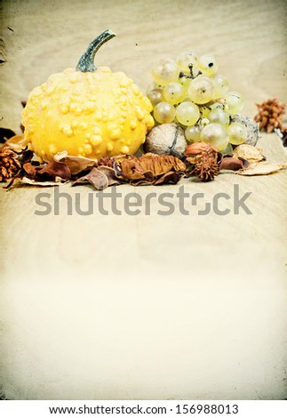 Autumn concept - Pumpkin and grapes on vintage autumn background