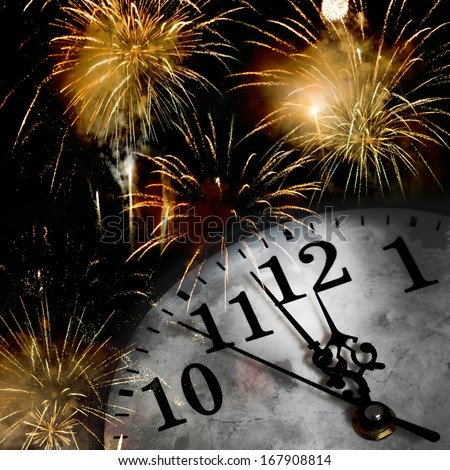 New Year'S At Midnight With Champagne Glasses And Clock On Light Background