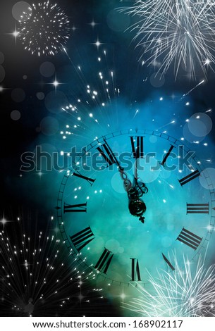 New Year\'s at midnight - Old clock with stars snowflakes and holiday lights