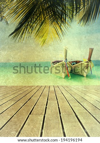 Vintage holiday background -  Exotic beach view and traditional ship on Ko Poda