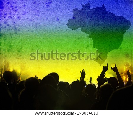 Cheering crowd and the colors of the Brazil flag - vintage photo