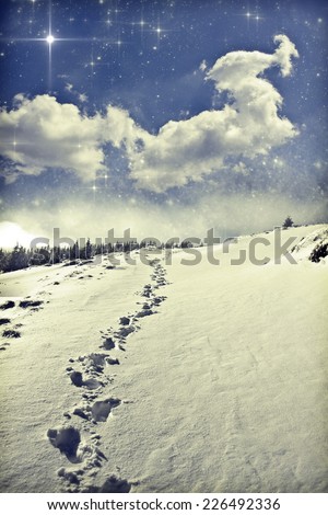 Beautiful winter landscape with footsteps in the snow