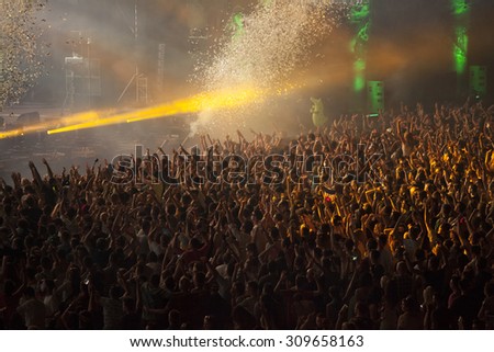 Cluj-Napoca, Romania - August 2, 2015: Crowd of people enjoy Third Party live concert at the Untold Festival in the European Youth Capital city of Cluj Napoca