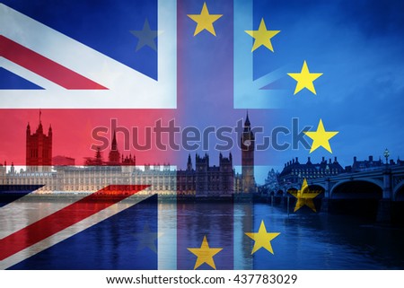 United Kingdom and European union flags combined for the 2016 referendum - Westminster and Big Ben in the bckground