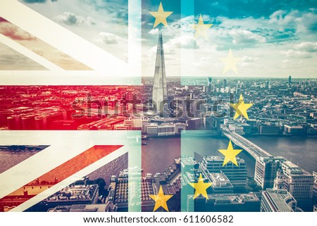 brexit concept - Union Jack flag and EU flag combined over iconic London landmarks - UK leavs the EU