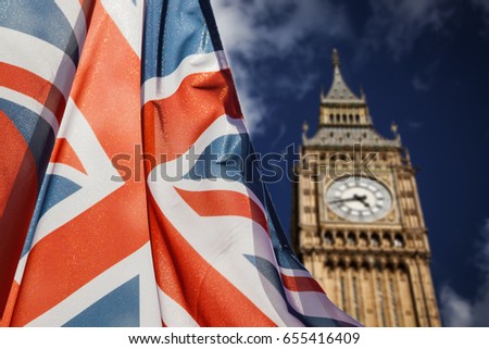 union jack flag and big ben in the background, London, UK - general elections, London, UK