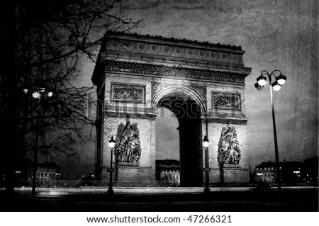 Triumph arch from Paris at night on vintage paper  stock photo