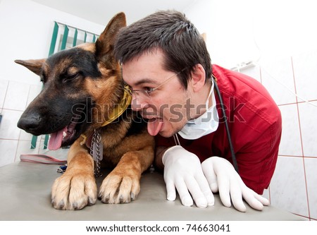 Funny vet imitating his german shepherd patient
