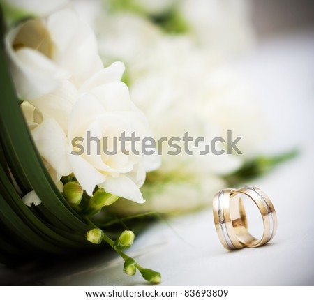 stock photo wedding bouquet and rings