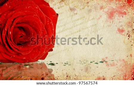 Grunge retro background with red rose and copy space