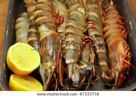 big fresh tiger prawns, king prawns, shrimp