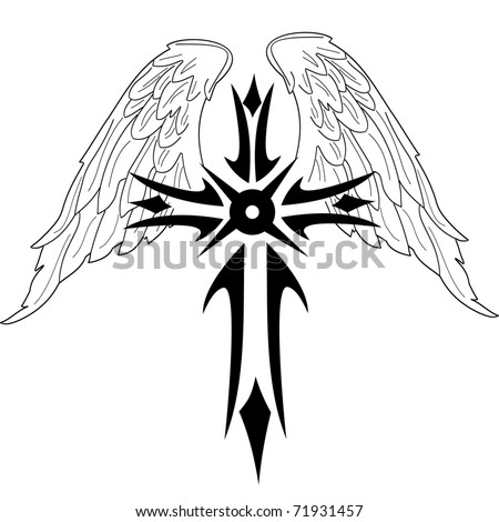 stock vector Black cross with wings on white background