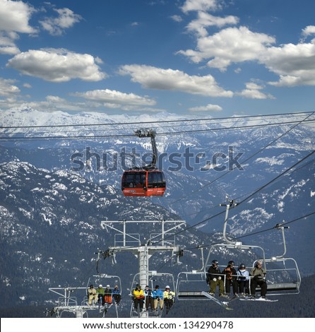 WHISTLER - FEBRUARY 19: Peak to Peak Gondola, tri-cable gondola lift with 4.4 km journey was opened in 2009 in Whistler area to connect Blackcom/Whistler peaks. British Columbia, Canada, Feb.19, 2009