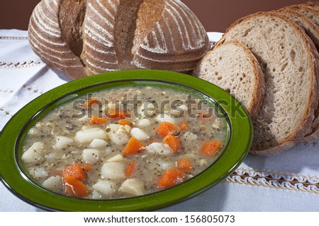 Soup - homemade potato soup with carrot and bread