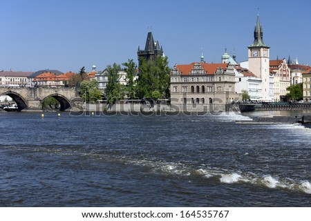 Prague - The Foot-bridge of Novotny, Charles Bridge and tower, New Town Mills and Water Tower