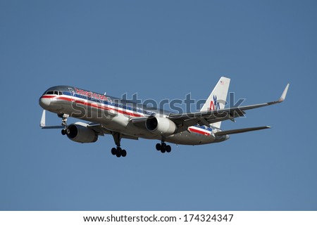 VANCOUVER - FEB.19: American Airlines, headquartered in Fort Worth in Texas, are major US airlines. It operates an domestic and international network. Airplane is before landing in YVR.  Feb. 19, 2011
